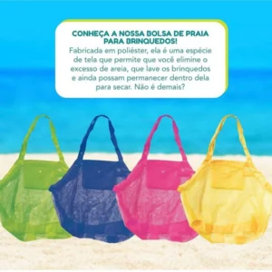 Quatro bolsas de praia para brinquedos Tobee alinhadas na areia nas cores verde, azul, rosa e amarela.