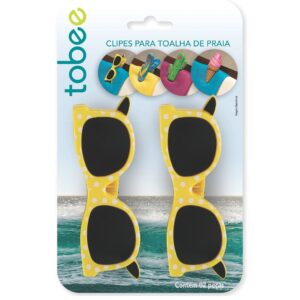 Embalagem da marca Tobee contendo duas peças de clipes para toalha de praia em formato de óculos de sol amarelos com bolinhas brancas.