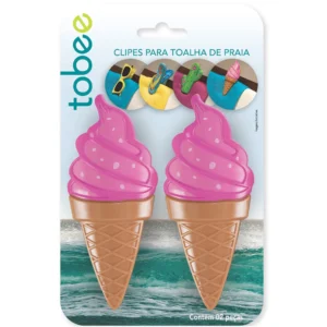 Embalagem da marca Tobee contendo duas peças de clipes para toalha de praia em formato de sorvete de casquinha rosa.