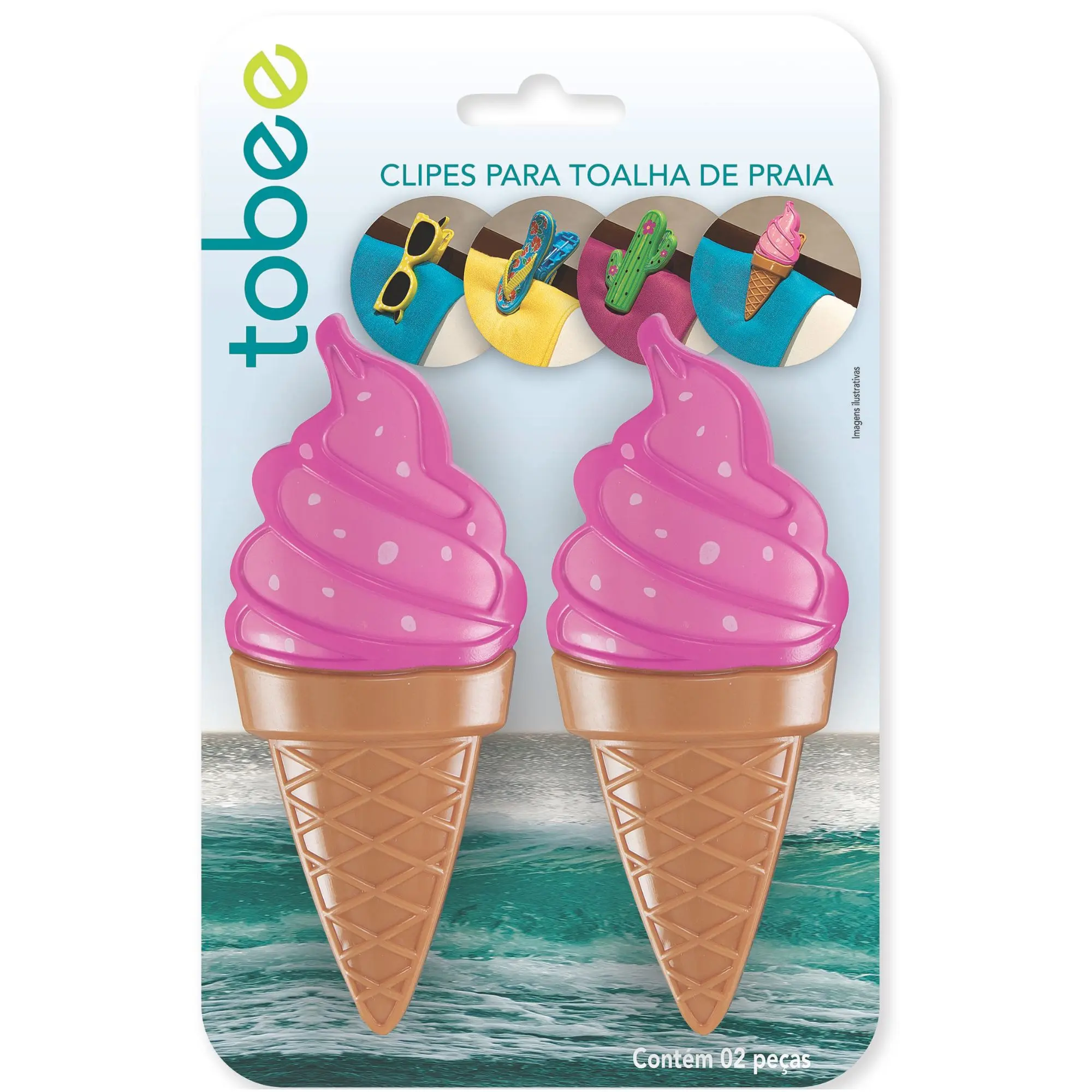 Embalagem da marca Tobee contendo duas peças de clipes para toalha de praia em formato de sorvete de casquinha rosa.