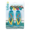 Par de clipes de toalha de praia Tobee em formato de chinelo azul com estampa floral, sobre fundo branco, mostrando o mecanismo de mola e dentes de fixação.