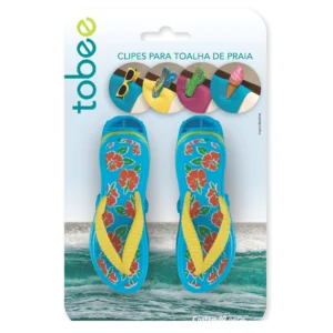 Par de clipes de toalha de praia Tobee em formato de chinelo azul com estampa floral, sobre fundo branco, mostrando o mecanismo de mola e dentes de fixação.