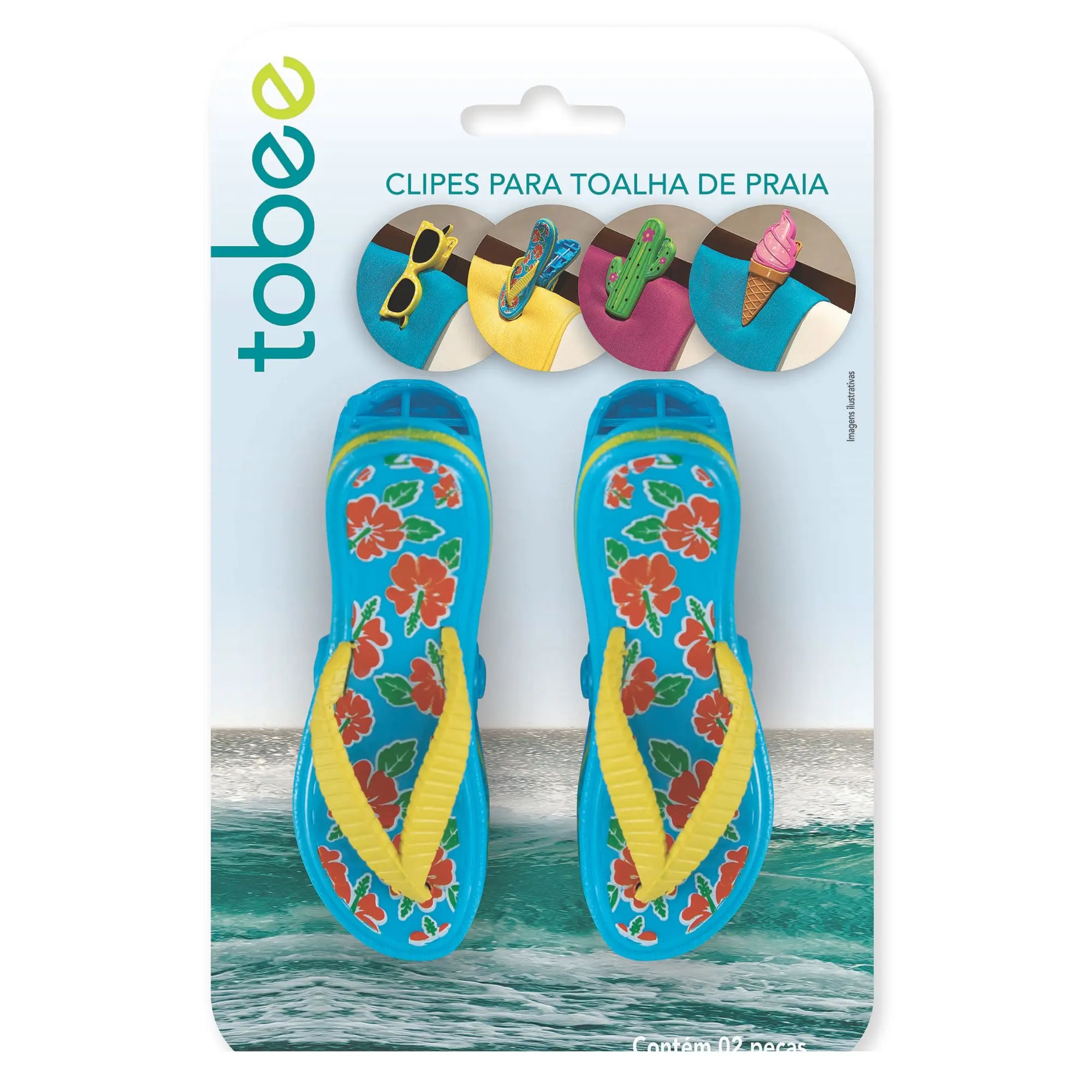 Par de clipes de toalha de praia Tobee em formato de chinelo azul com estampa floral, sobre fundo branco, mostrando o mecanismo de mola e dentes de fixação.