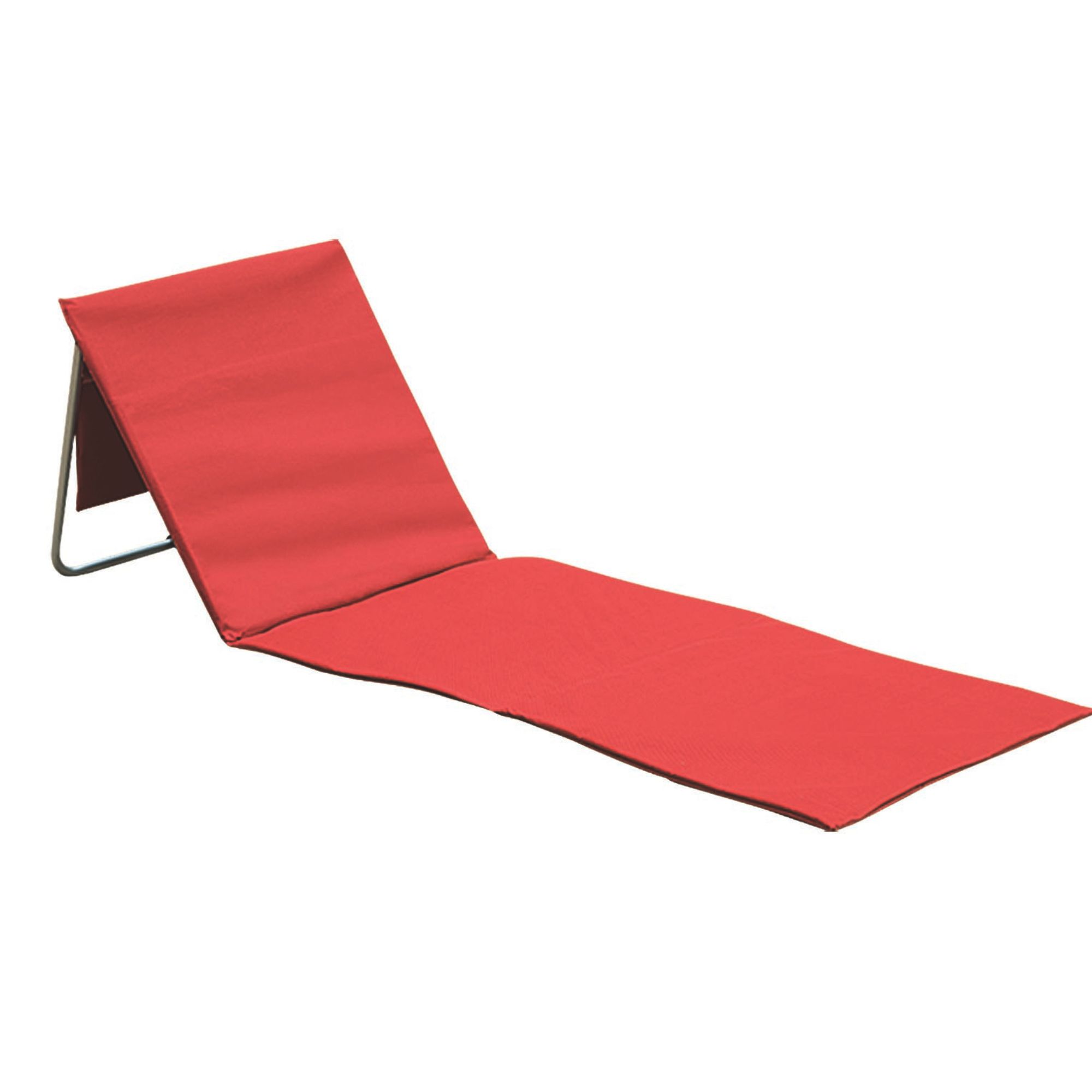 Espreguiçadeira Vermelha TOBBE dobrável e portátil utilizada na praia, ideal para descanso, camping, piscina e momentos de lazer ao ar livre.