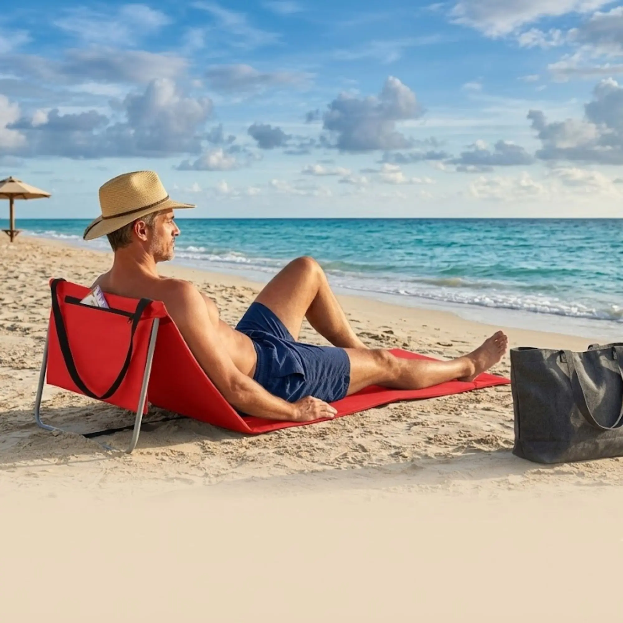 Homem de chapéu relaxando na espreguiçadeira de praia vermelha articulada da marca Tobee na areia, de frente para o mar azul.