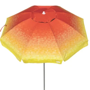 Guarda-sol Aruba Tobee vermelho e amarelo com estampa geométrica degradê de 2 metros aberto, mostrando o teto solar portátil e a haste de alumínio.