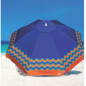 Ombrelone portátil Ibiza Tobee aberto em ângulo na cor azul royal com detalhes ondulados vibrantes em fundo branco.