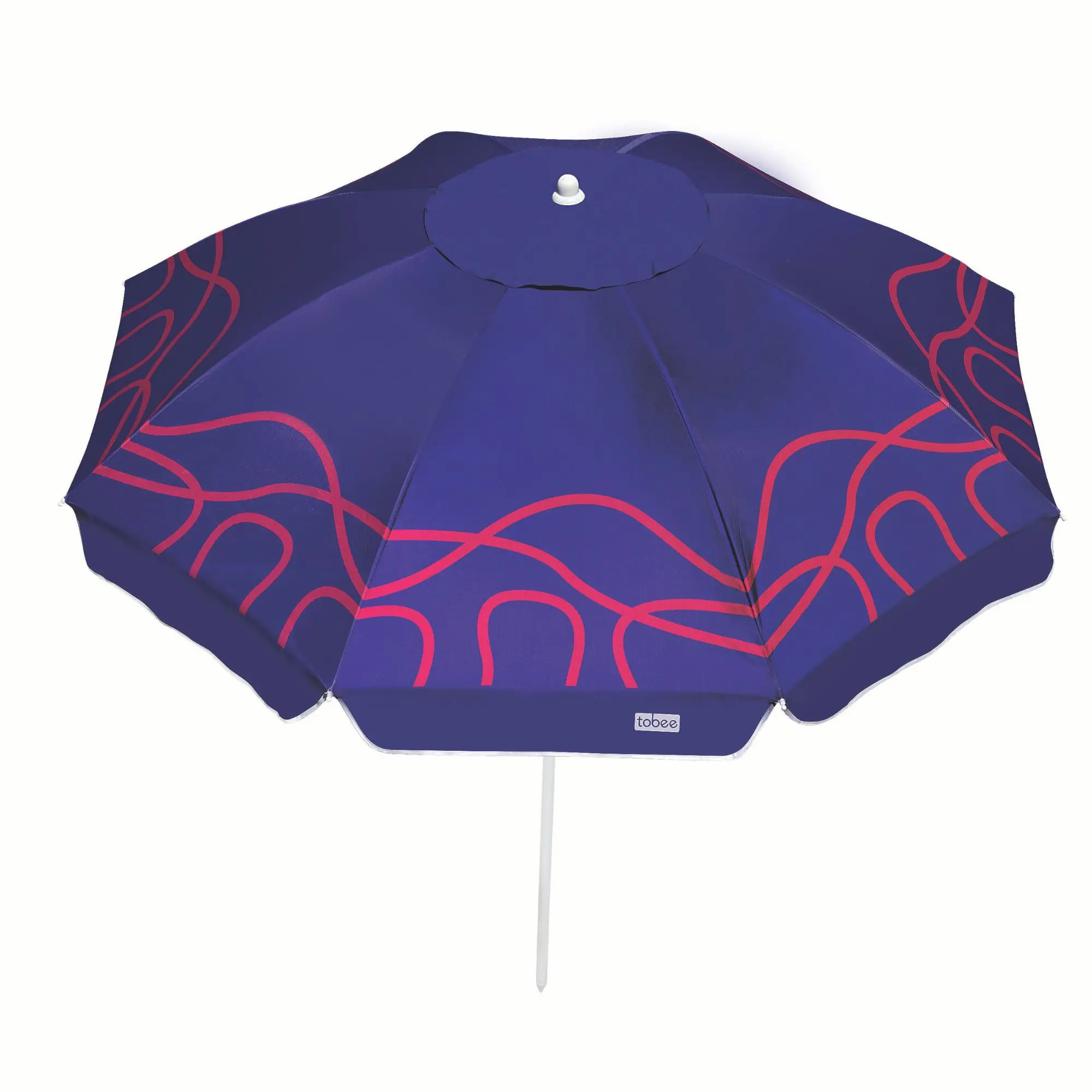 Guarda-sol Campeche Tobee de 2 metros na cor azul com estampas abstratas em rosa. Ombrelone de praia articulado aberto visto de frente com fundo branco isolado para loja virtual.