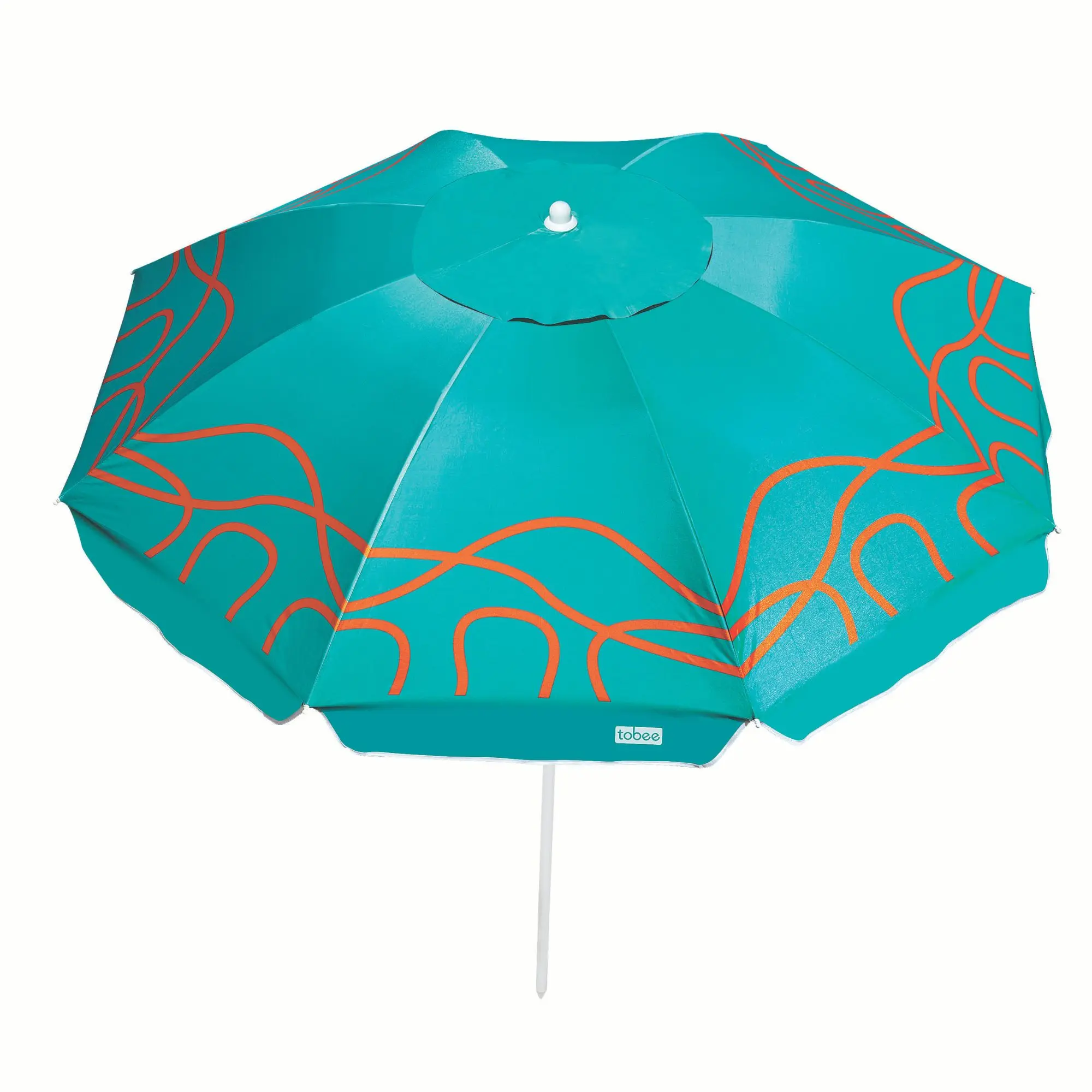 Guarda sol Campeche Verde Turquesa Tobee com fundo branco isolado mostrando varetas internas e estampa de linhas laranjas.