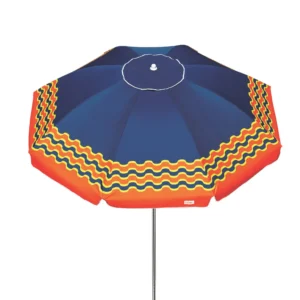 Guarda-sol articulado Tobee com cobertura azul-marinho, detalhes ondulados em amarelo e laranja, visto de cima contra fundo branco.