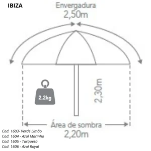 Esquema técnico mostrando as dimensões do guarda-sol Ibiza Tobee com envergadura de 2,50m, altura de 2,30m e peso de 2,2kg