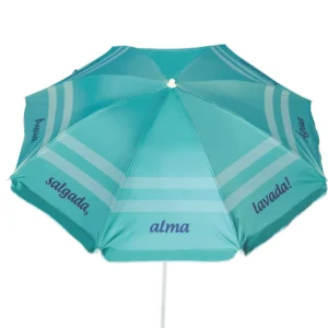Visão superior em fundo branco isolado do guarda-sol para piscina e praia Tobee Ipanema azul turquesa com estampa, destacando o design do sombreiro e ombrelone.