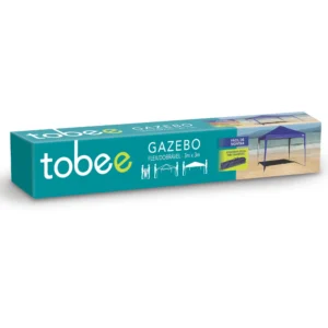 Logotipo Tobee na lona da tenda gazebo sanfonada e tenda articulada de praia.