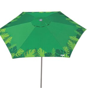 Vista frontal de um ombrelone gigante verde Tobee, modelo Malibu Beach, com estampa de folhas tropicais na borda e mastro central de alumínio robusto visível, contra um fundo branco. A tag da marca Tobee é visível na borda
