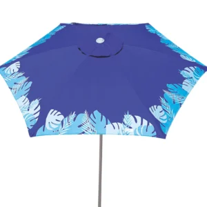 Ombrelone Malibu Beach azul com estampa de folhas tropicais aberto, modelo guarda-sol articulado premium da marca TOBEE