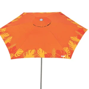 Guarda-sol e ombrelone laranja com estampa floral tropical da marca TOBEE para praia e piscina.