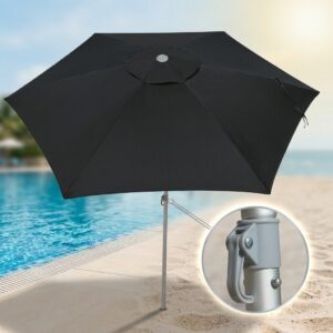 uarda-sol ombrelone preto articulado com detalhe da haste de alumínio reforçada em cenário de piscina e praia para revenda