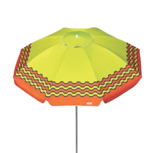 Guarda-sol articulado Tobee aberto em fundo branco, com topo verde-limão e estampa ondulada nas cores laranja, amarelo e azul.