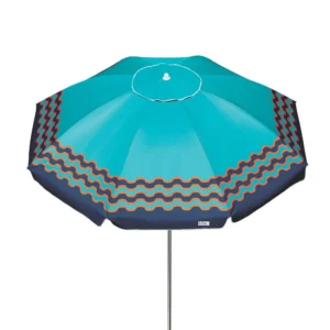 Guarda-sol articulado Tobee aberto em fundo branco, com topo azul-turquesa e estampa ondulada nas cores laranja e azul-escuro.