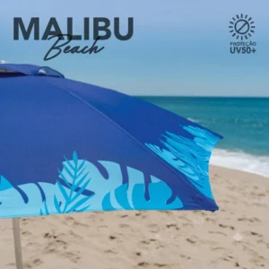 Guarda-sol Malibu Beach azul-marinho com estampa de folhas e proteção solar UV 50 plus na praia