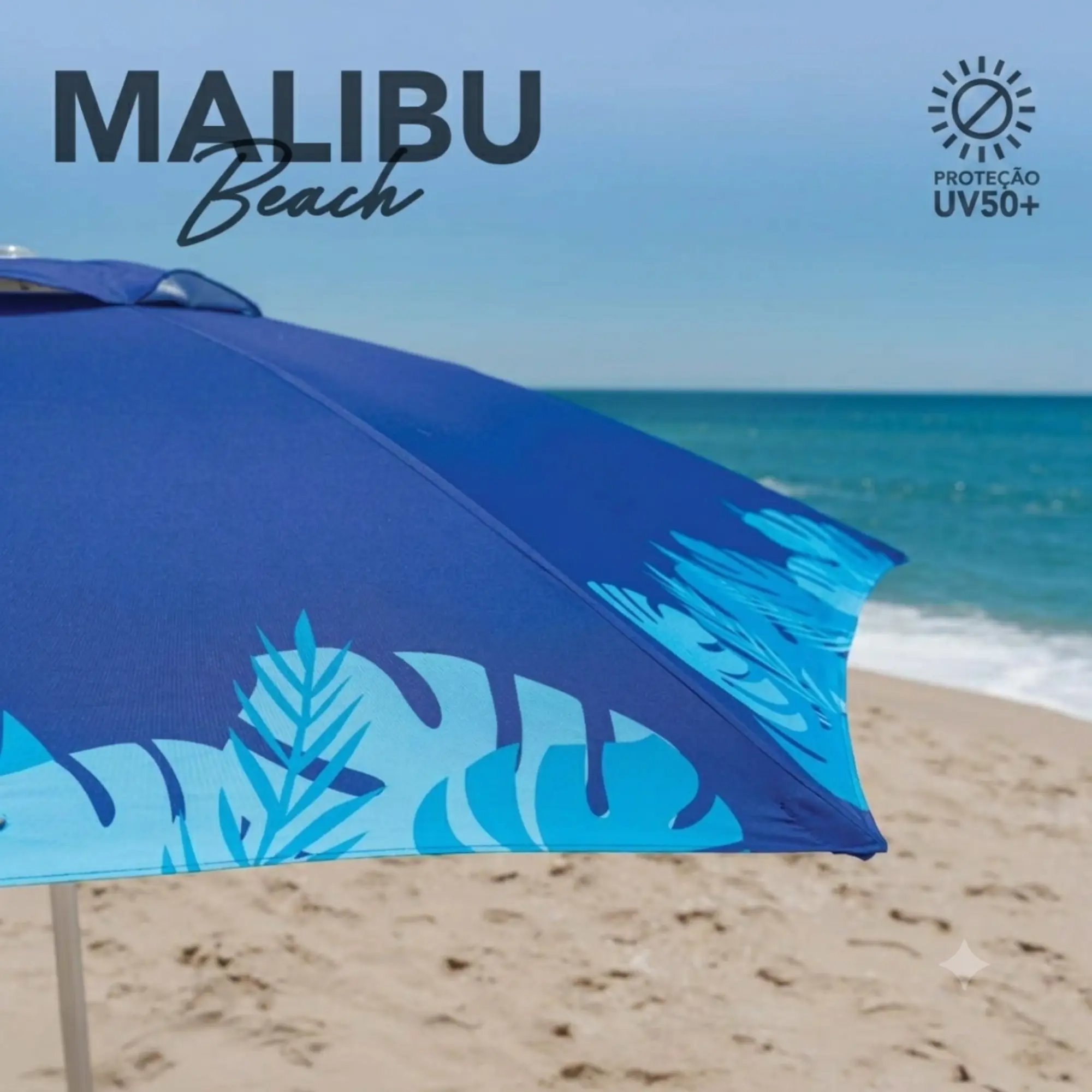Guarda-sol Malibu Beach azul-marinho com estampa de folhas e proteção solar UV 50 plus na praia