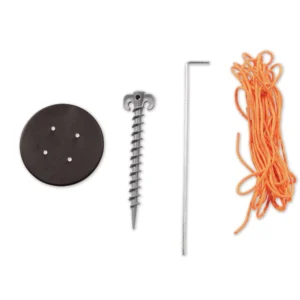 Kit de acessórios originais da Tenda Gazebo Tobee contendo estaca, base plástica de rosca, pino metálico e corda laranja para fixação da Tenda Gazebo Flex 3 X 3m Dobrável Em Alumínio Uv50+ Tobee.