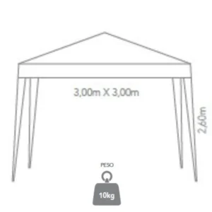 Gráfico informativo mostrando as dimensões e medidas da tenda gazebo articulado e tenda sanfonada de praia Tobee